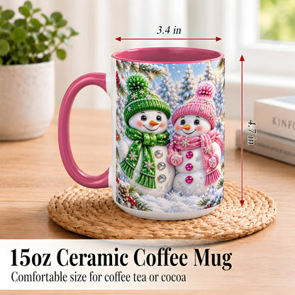 #pl[15oz|Pink] Snowman Couple Coffee Mug, Winter Snowflake Snowman Mug, Ceramic Cup