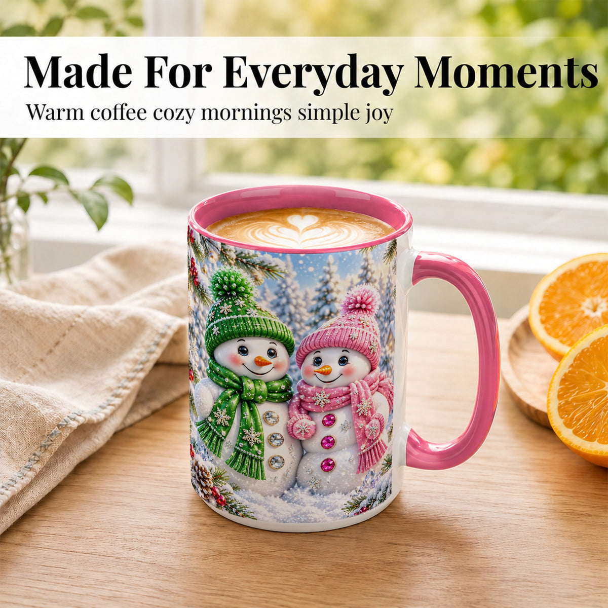 #pl[15oz|Pink] Snowman Couple Coffee Mug, Winter Snowflake Snowman Mug, Ceramic Cup