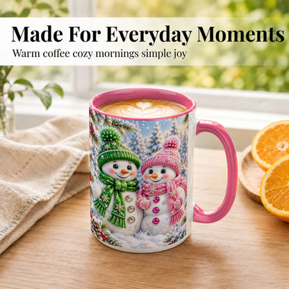 #pl[15oz|Pink] Snowman Couple Coffee Mug, Winter Snowflake Snowman Mug, Ceramic Cup