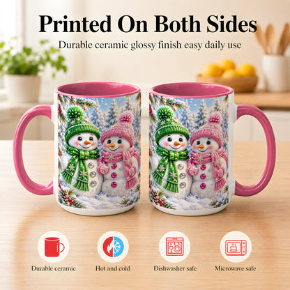 #pl[15oz|Pink] Snowman Couple Coffee Mug, Winter Snowflake Snowman Mug, Ceramic Cup