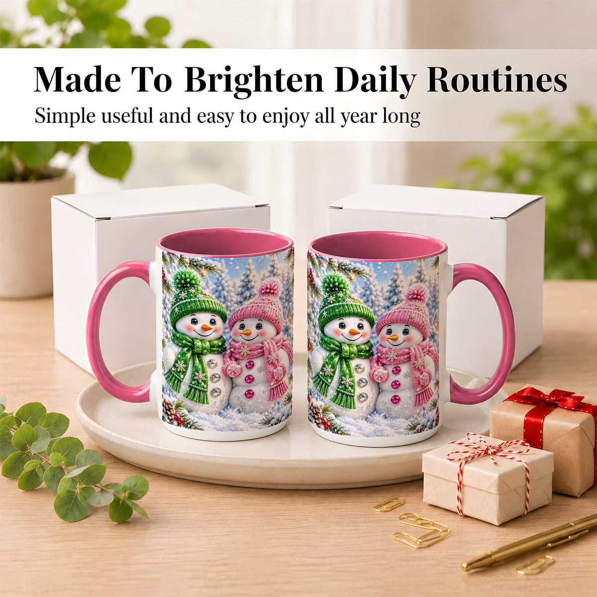 #pl[15oz|Pink] Snowman Couple Coffee Mug, Winter Snowflake Snowman Mug, Ceramic Cup