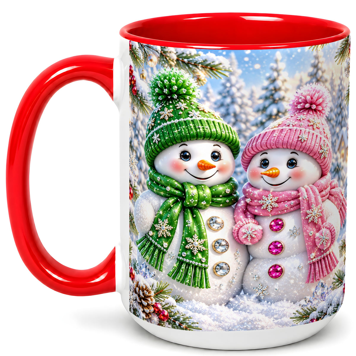 #pl[15oz|Red] Snowman Couple Coffee Mug, Winter Snowflake Snowman Mug, Ceramic Cup