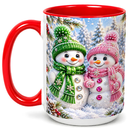 #pl[15oz|Red] Snowman Couple Coffee Mug, Winter Snowflake Snowman Mug, Ceramic Cup