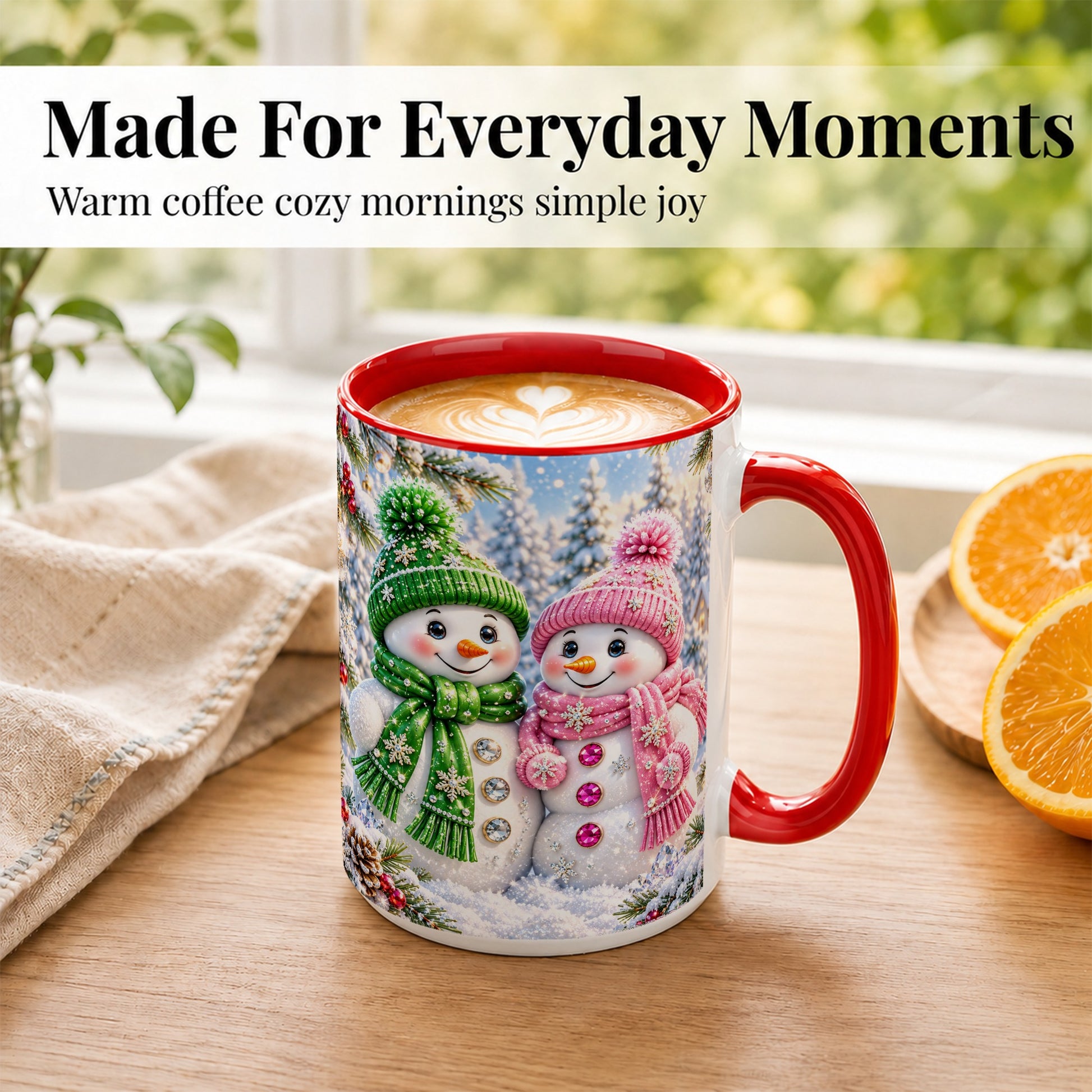 #pl[15oz|Red] Snowman Couple Coffee Mug, Winter Snowflake Snowman Mug, Ceramic Cup