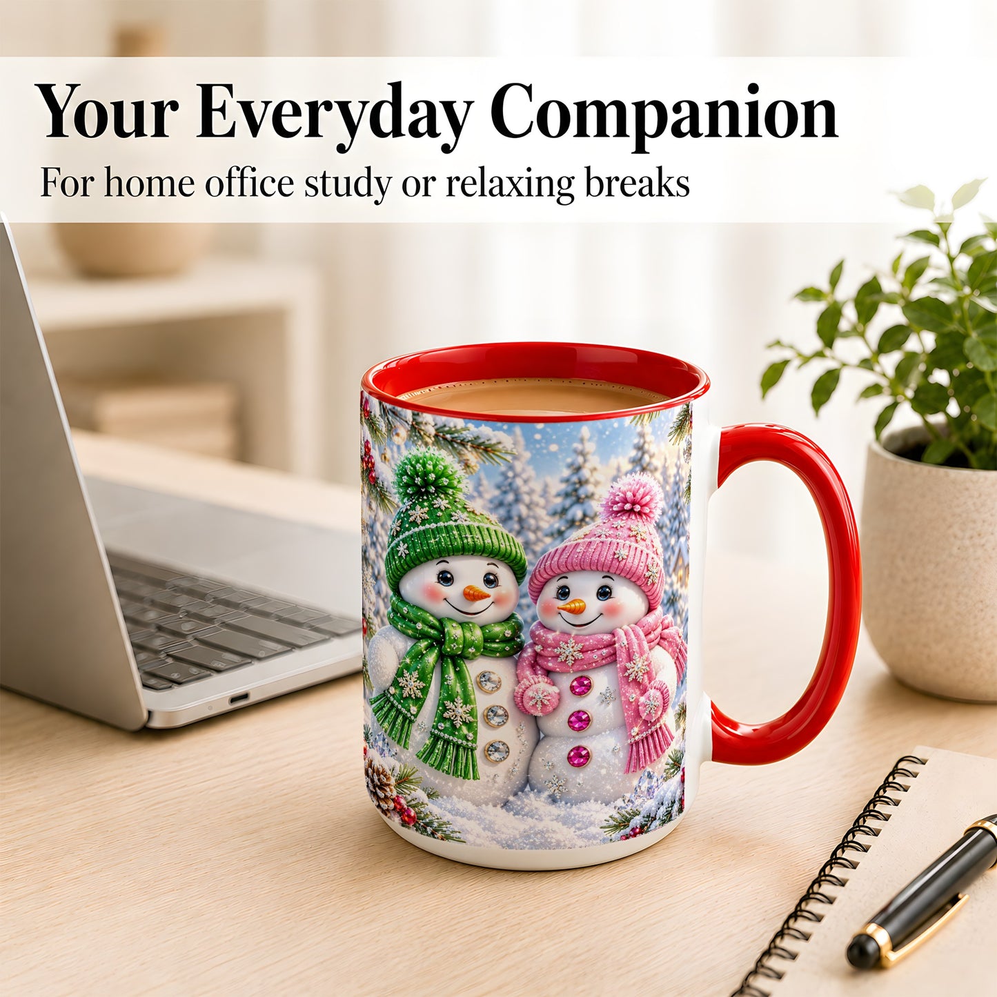 #pl[15oz|Red] Snowman Couple Coffee Mug, Winter Snowflake Snowman Mug, Ceramic Cup