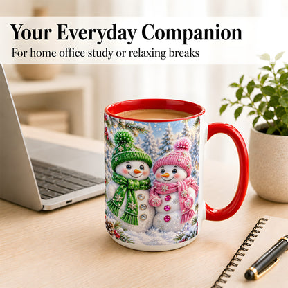 #pl[15oz|Red] Snowman Couple Coffee Mug, Winter Snowflake Snowman Mug, Ceramic Cup