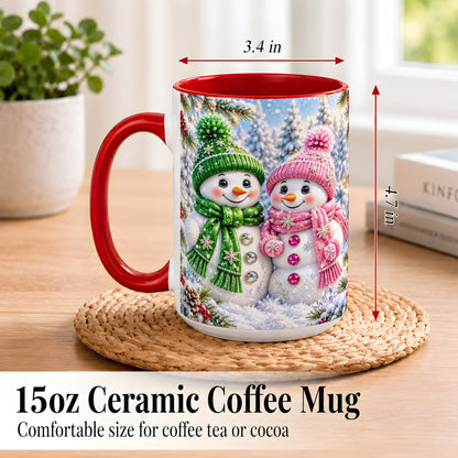 #pl[15oz|Red] Snowman Couple Coffee Mug, Winter Snowflake Snowman Mug, Ceramic Cup