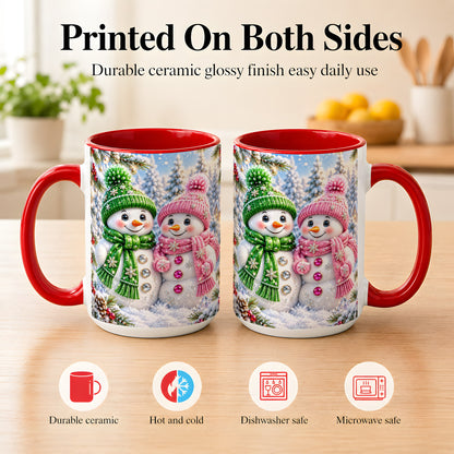 #pl[15oz|Red] Snowman Couple Coffee Mug, Winter Snowflake Snowman Mug, Ceramic Cup