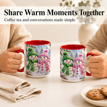 #pl[15oz|Red] Snowman Couple Coffee Mug, Winter Snowflake Snowman Mug, Ceramic Cup