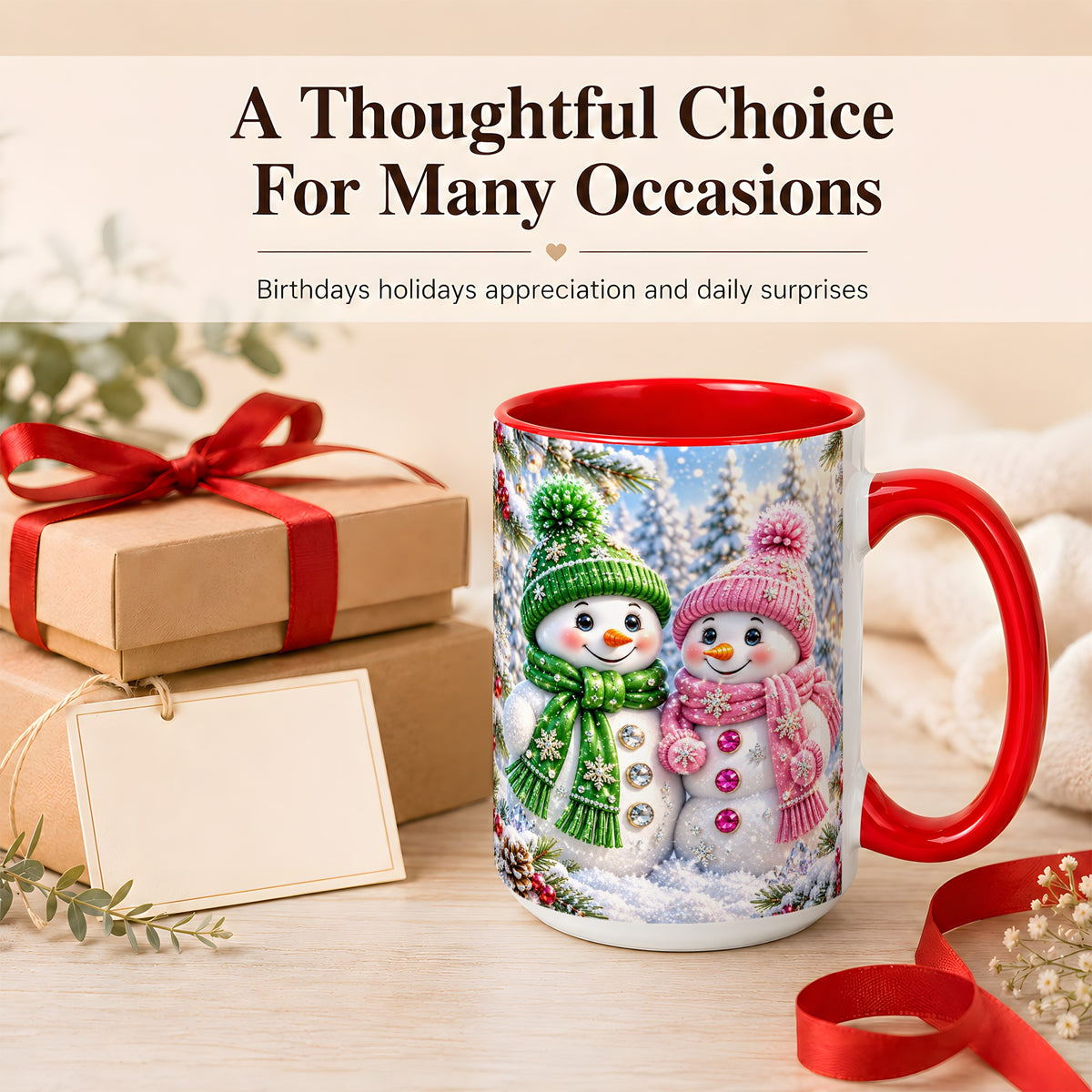 #pl[15oz|Red] Snowman Couple Coffee Mug, Winter Snowflake Snowman Mug, Ceramic Cup