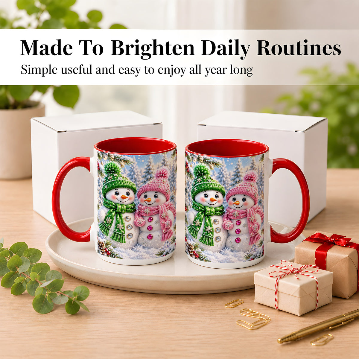 #pl[15oz|Red] Snowman Couple Coffee Mug, Winter Snowflake Snowman Mug, Ceramic Cup