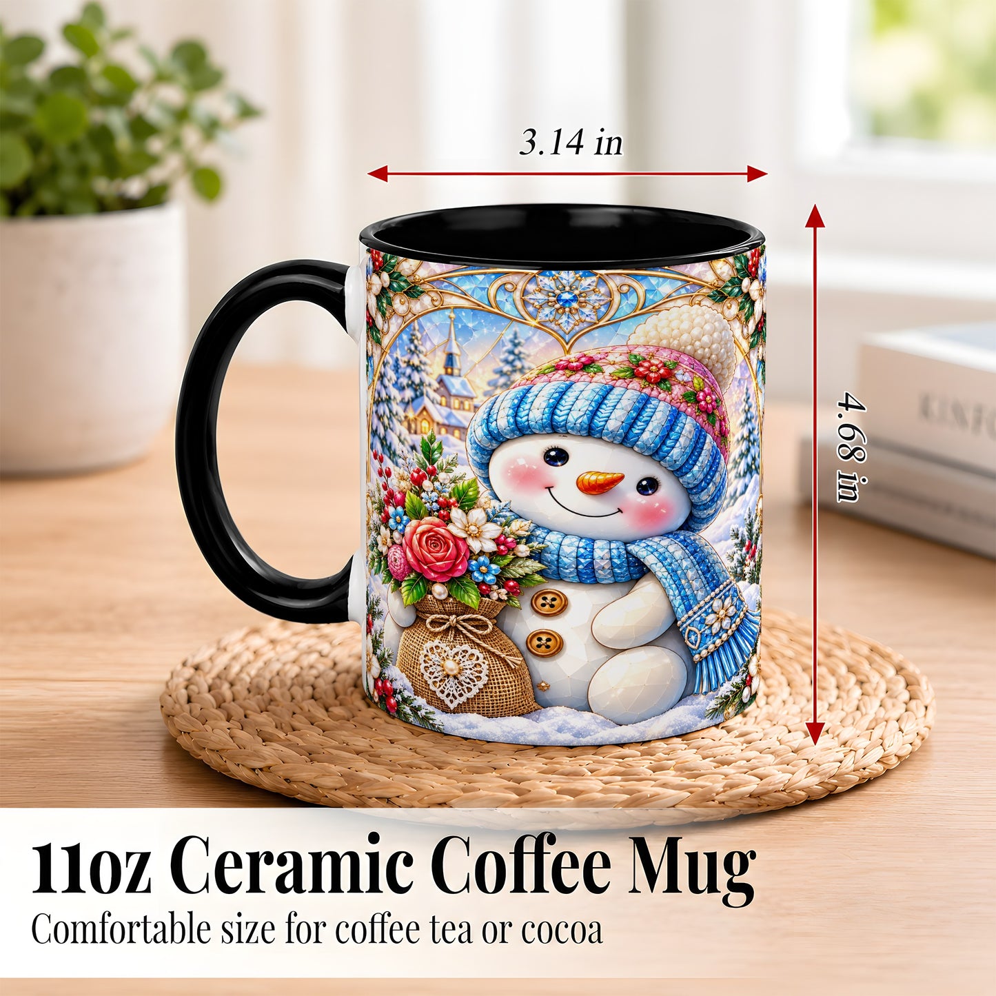 #pl[11oz|Black] Floral Snowman Coffee Mug, Winter Bouquet Snowman Mug, Ceramic Cup
