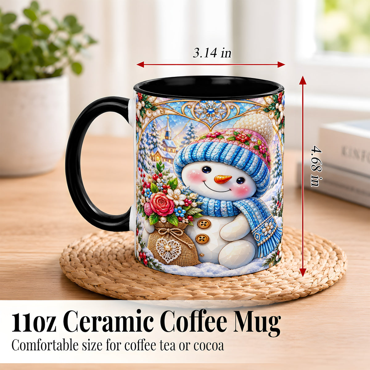 #pl[11oz|Black] Floral Snowman Coffee Mug, Winter Bouquet Snowman Mug, Ceramic Cup