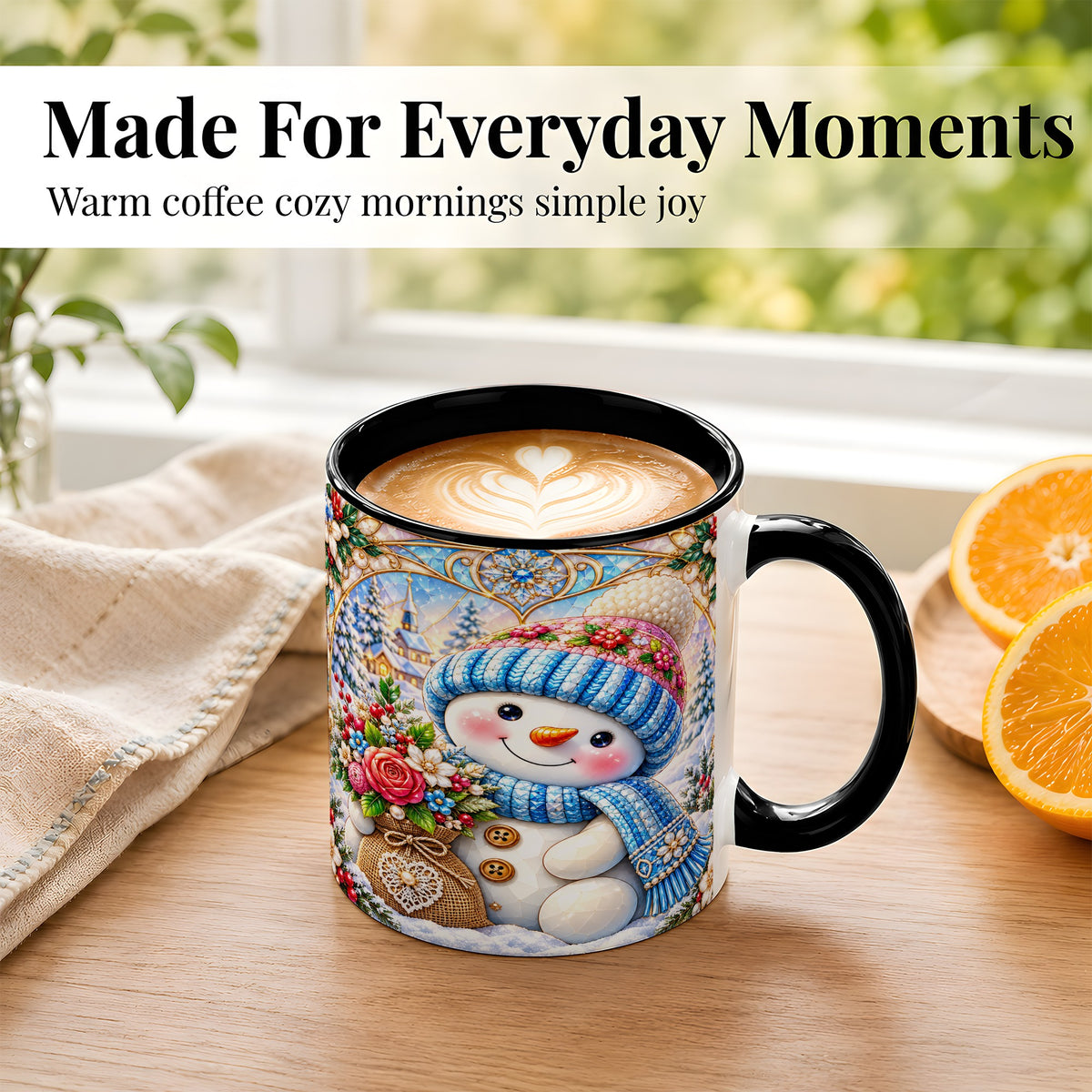 #pl[11oz|Black] Floral Snowman Coffee Mug, Winter Bouquet Snowman Mug, Ceramic Cup