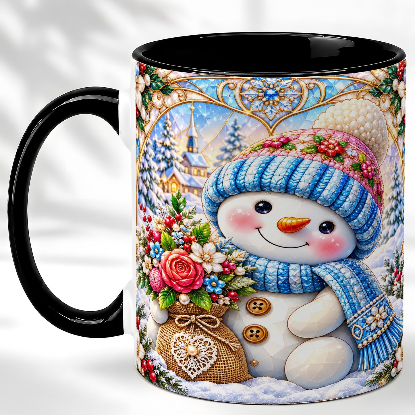 #pl[11oz|Black] Floral Snowman Coffee Mug, Winter Bouquet Snowman Mug, Ceramic Cup