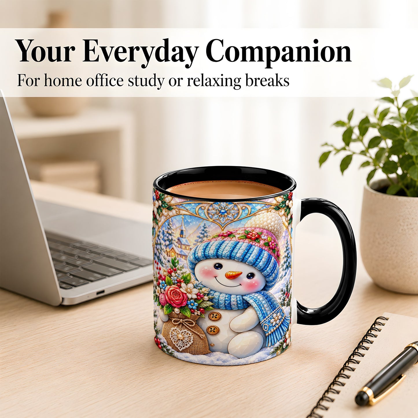 #pl[11oz|Black] Floral Snowman Coffee Mug, Winter Bouquet Snowman Mug, Ceramic Cup