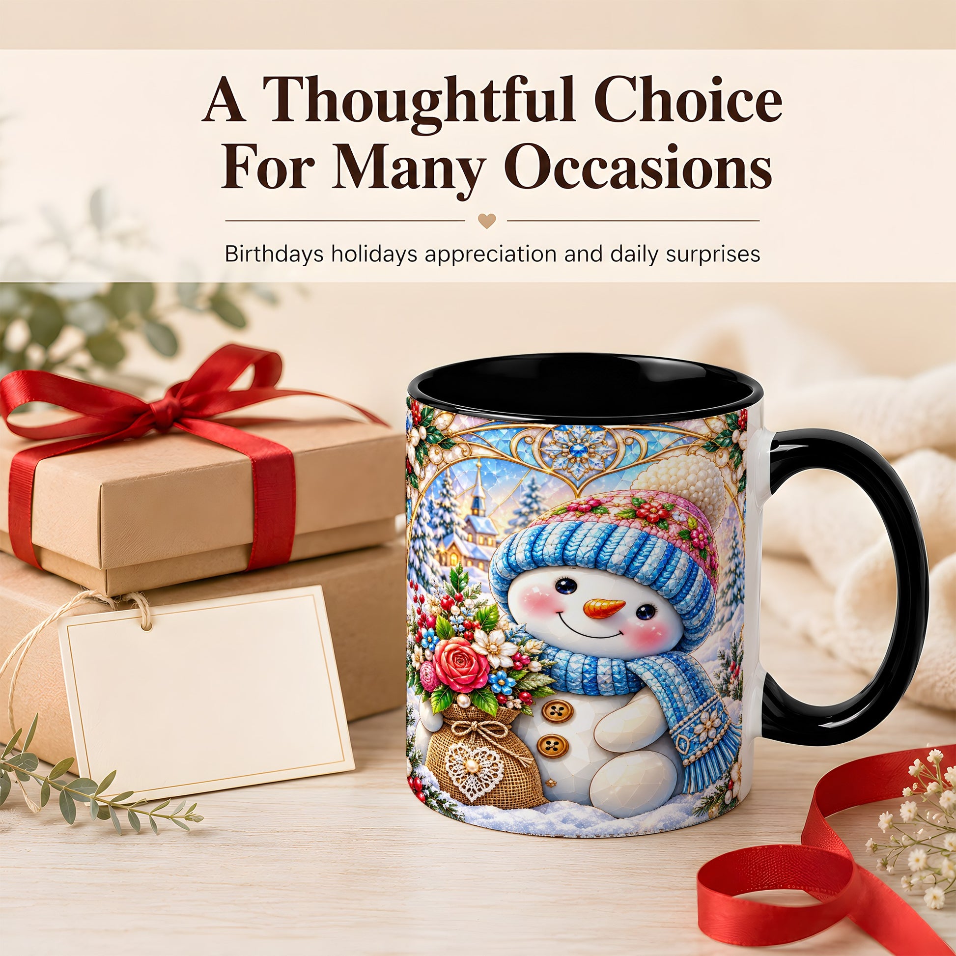 #pl[11oz|Black] Floral Snowman Coffee Mug, Winter Bouquet Snowman Mug, Ceramic Cup