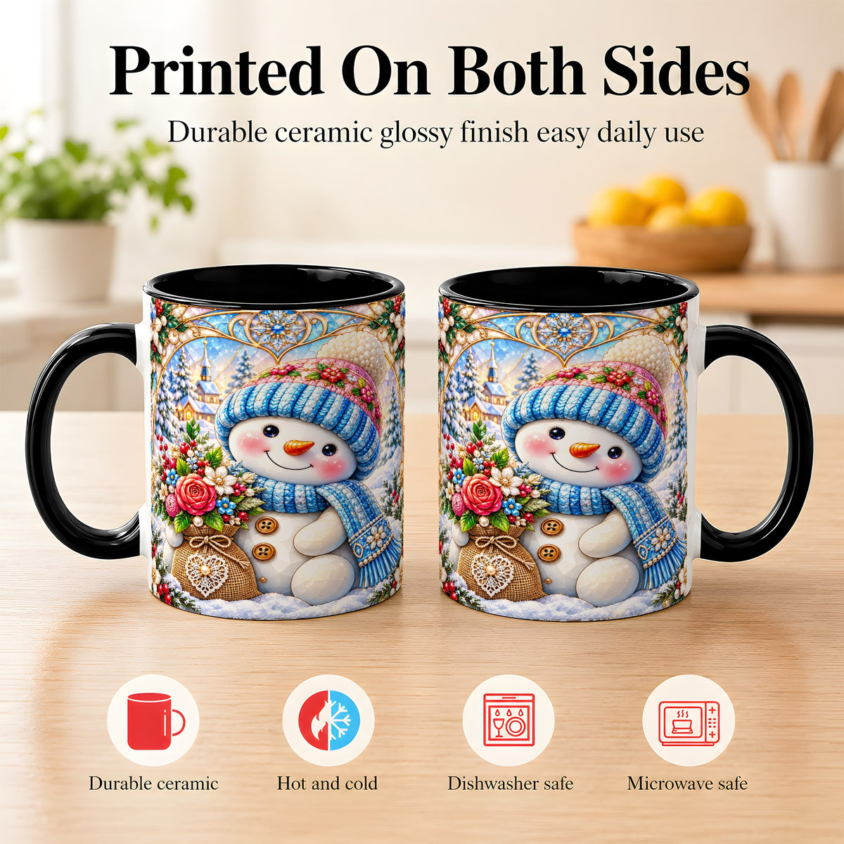#pl[11oz|Black] Floral Snowman Coffee Mug, Winter Bouquet Snowman Mug, Ceramic Cup