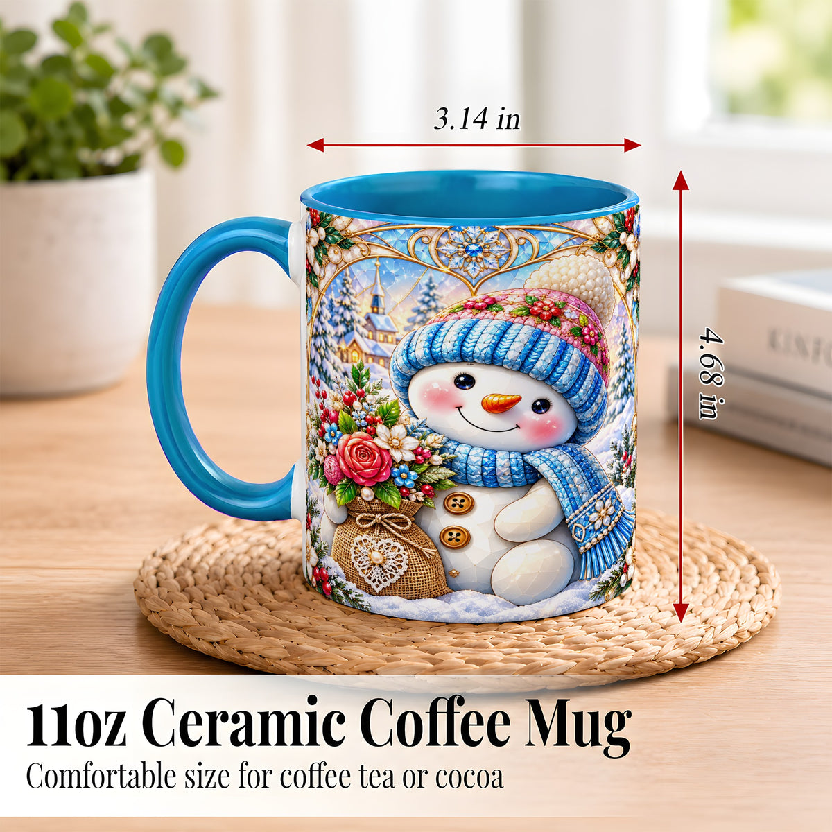 #pl[11oz|Blue] Floral Snowman Coffee Mug, Winter Bouquet Snowman Mug, Ceramic Cup