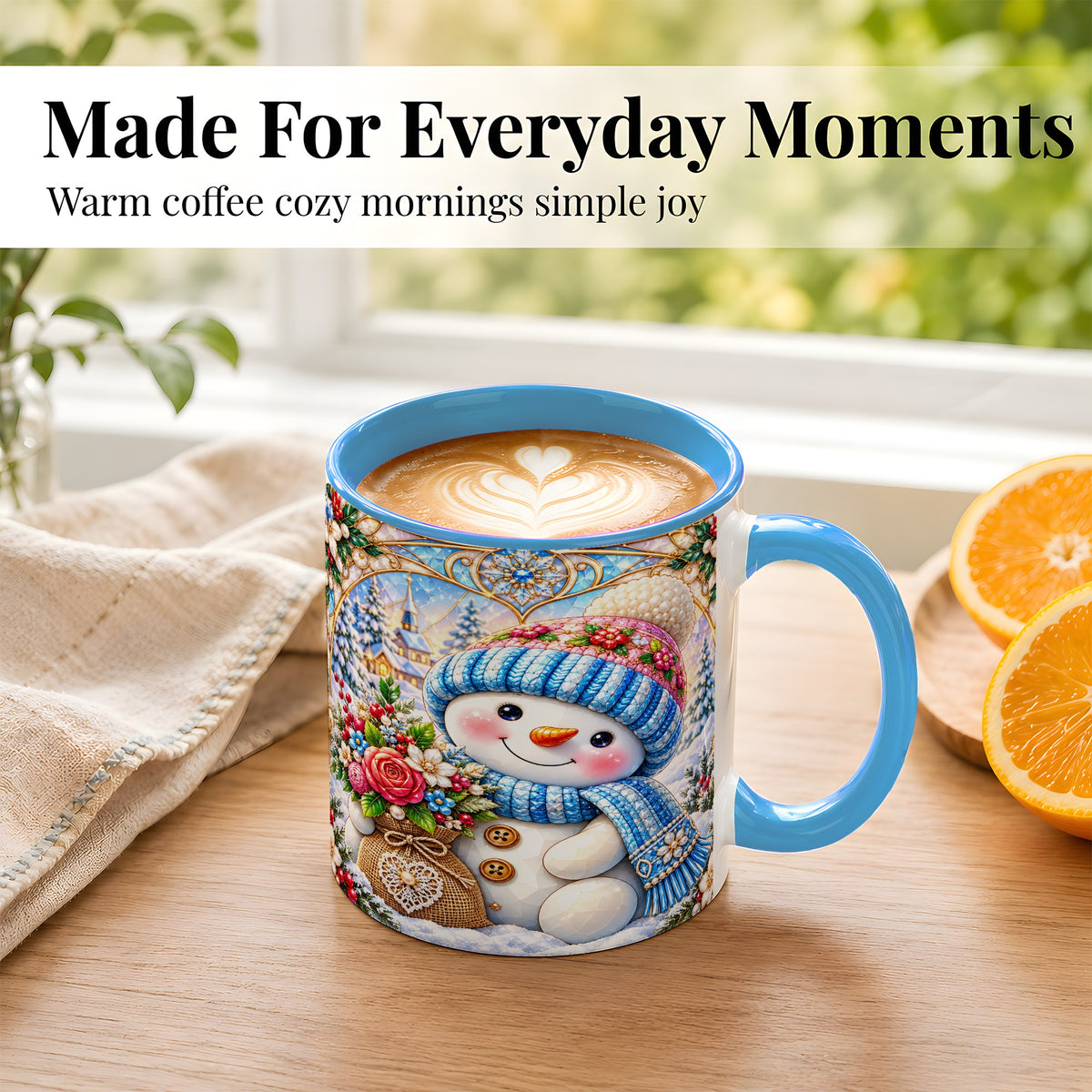 #pl[11oz|Blue] Floral Snowman Coffee Mug, Winter Bouquet Snowman Mug, Ceramic Cup