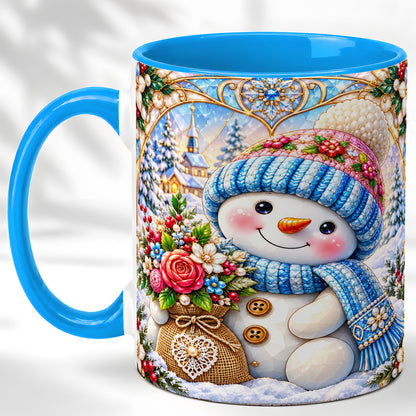 #pl[11oz|Blue] Floral Snowman Coffee Mug, Winter Bouquet Snowman Mug, Ceramic Cup