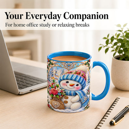 #pl[11oz|Blue] Floral Snowman Coffee Mug, Winter Bouquet Snowman Mug, Ceramic Cup