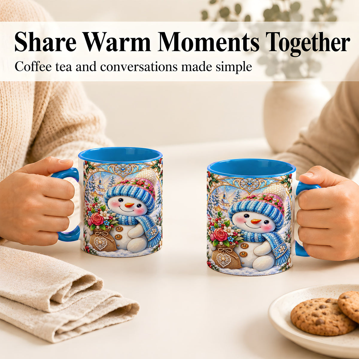#pl[11oz|Blue] Floral Snowman Coffee Mug, Winter Bouquet Snowman Mug, Ceramic Cup