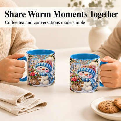 #pl[11oz|Blue] Floral Snowman Coffee Mug, Winter Bouquet Snowman Mug, Ceramic Cup