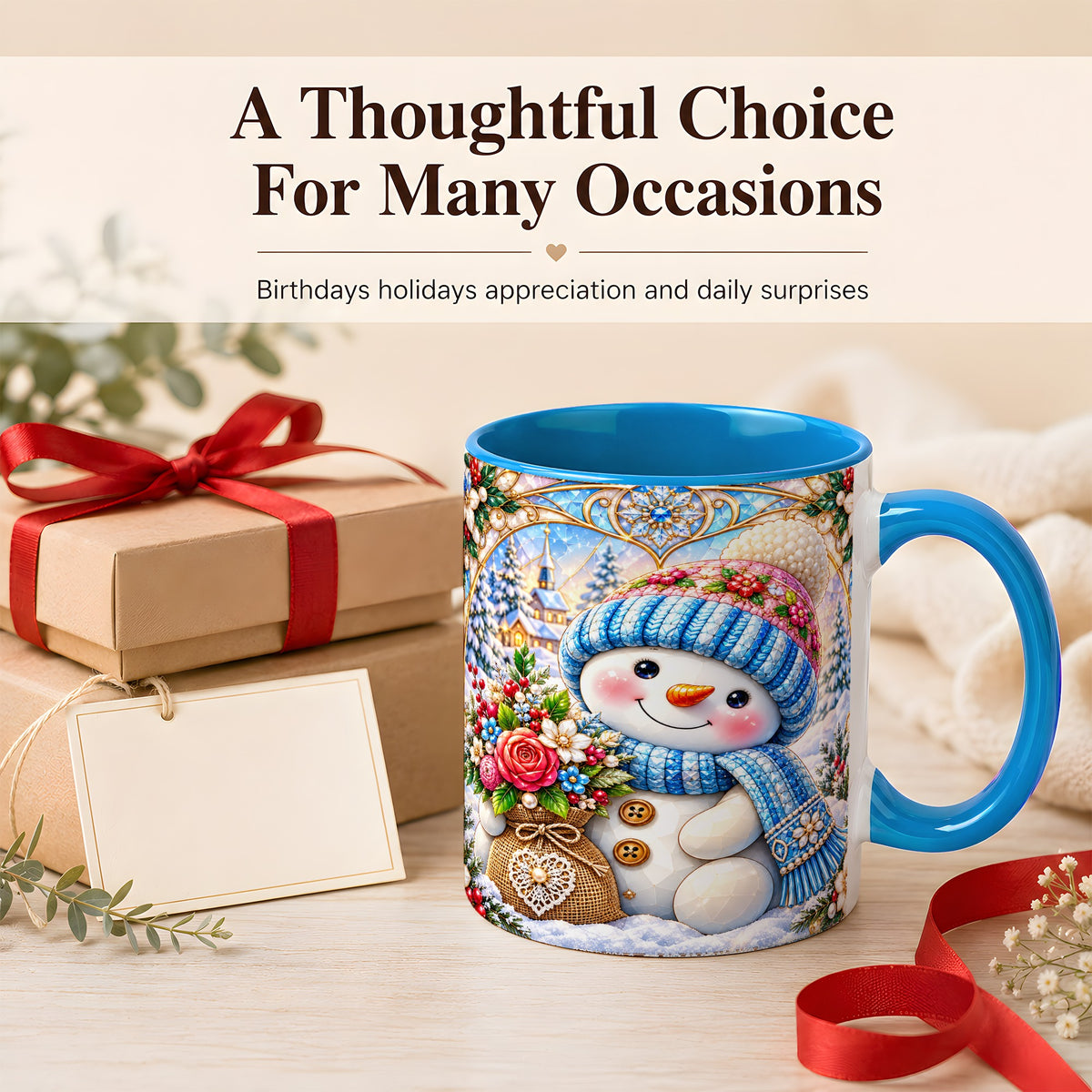 #pl[11oz|Blue] Floral Snowman Coffee Mug, Winter Bouquet Snowman Mug, Ceramic Cup