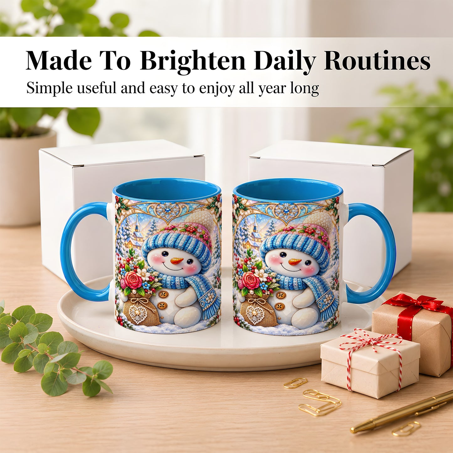 #pl[11oz|Blue] Floral Snowman Coffee Mug, Winter Bouquet Snowman Mug, Ceramic Cup
