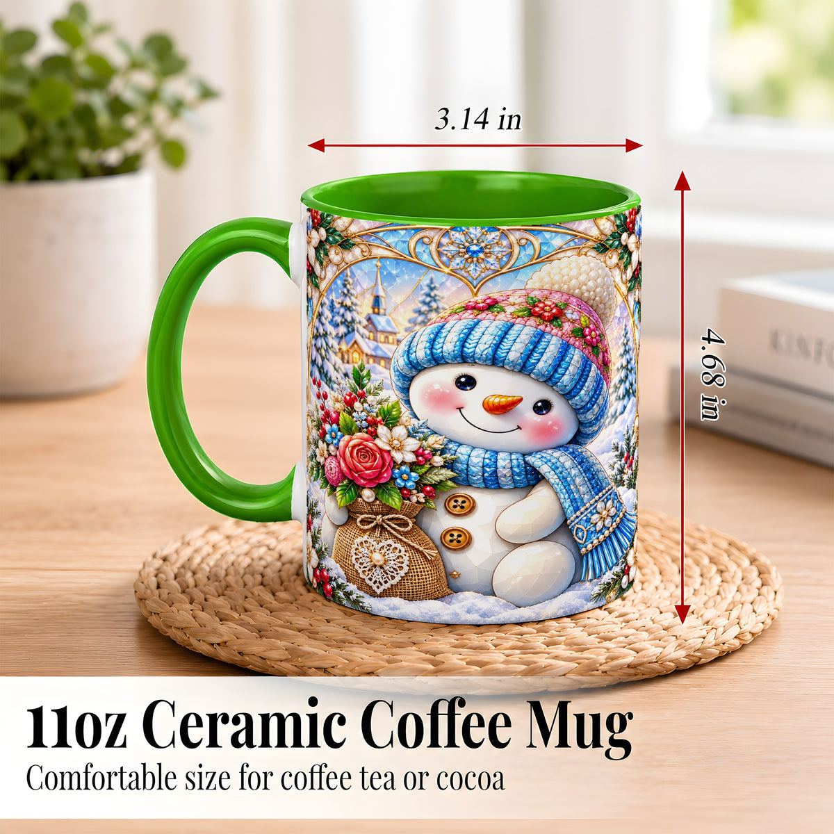 #pl[11oz|Green] Floral Snowman Coffee Mug, Winter Bouquet Snowman Mug, Ceramic Cup