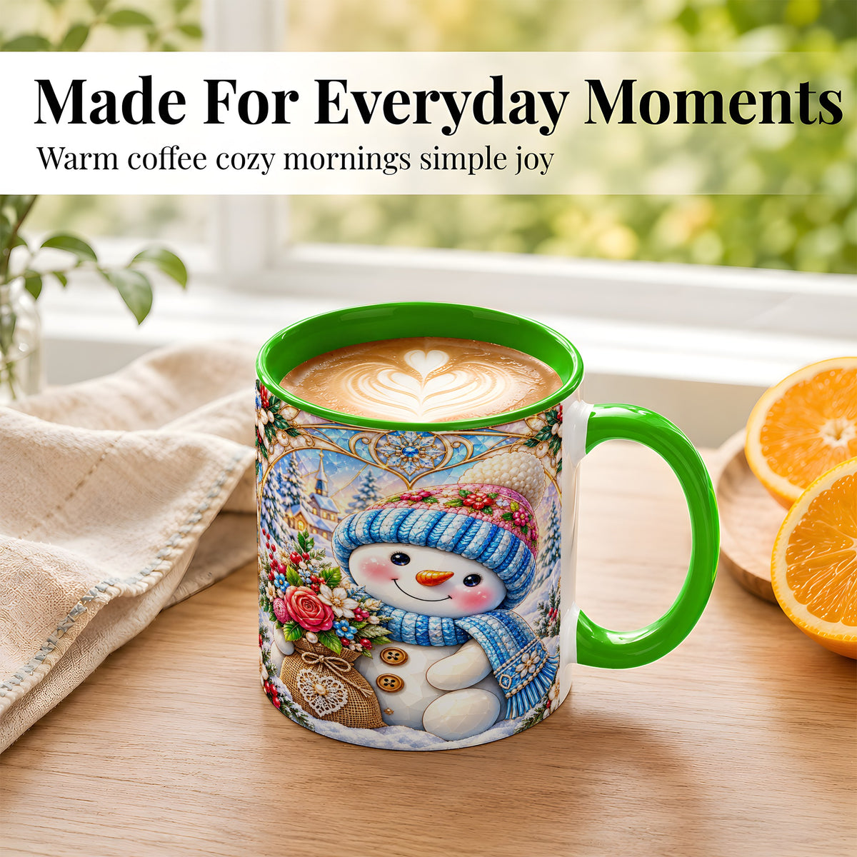 #pl[11oz|Green] Floral Snowman Coffee Mug, Winter Bouquet Snowman Mug, Ceramic Cup