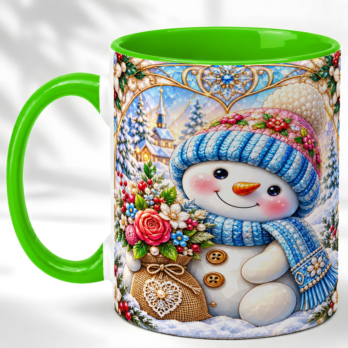 #pl[11oz|Green] Floral Snowman Coffee Mug, Winter Bouquet Snowman Mug, Ceramic Cup