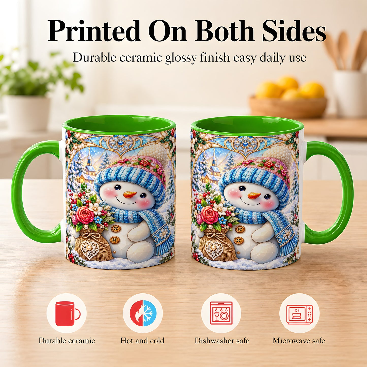 #pl[11oz|Green] Floral Snowman Coffee Mug, Winter Bouquet Snowman Mug, Ceramic Cup