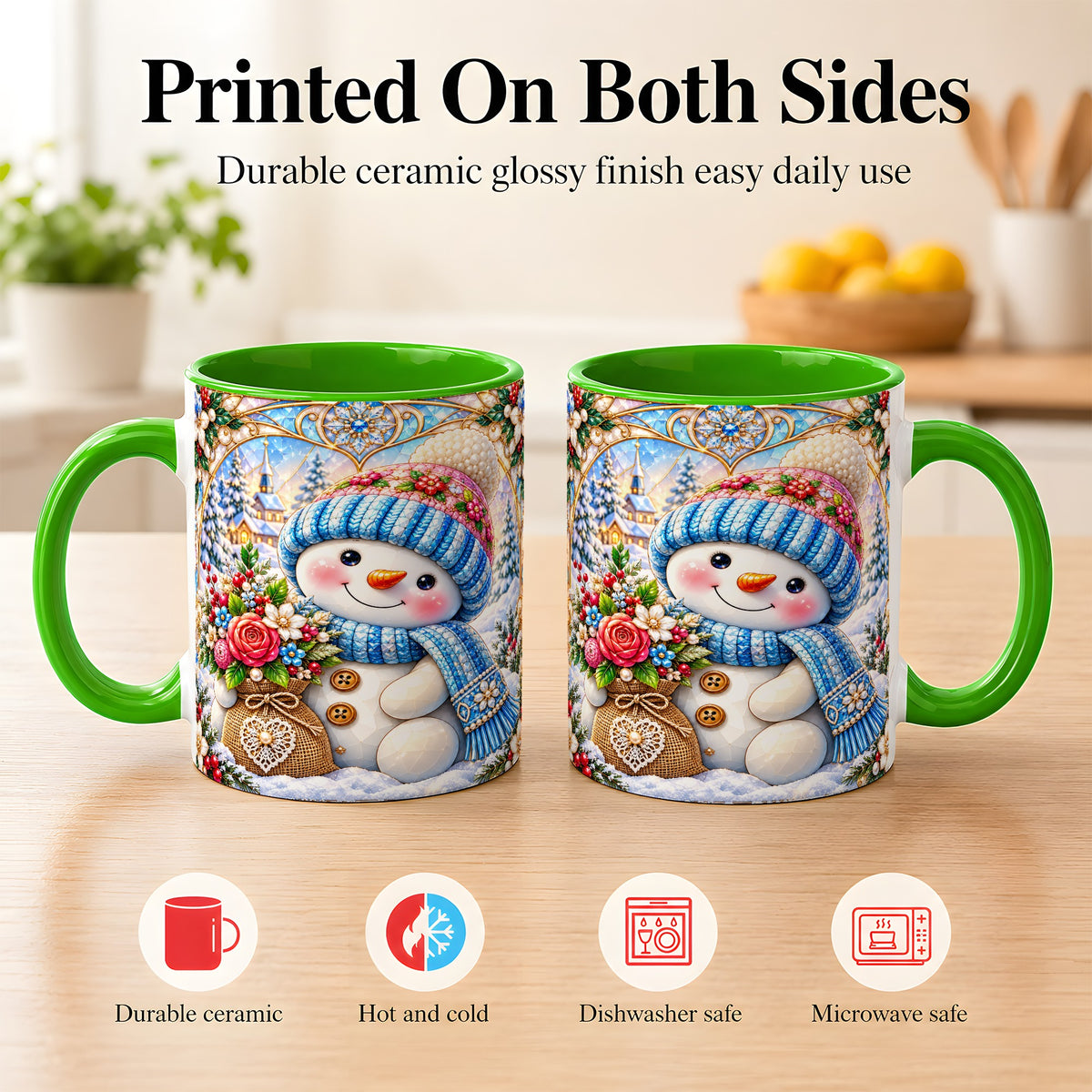 #pl[11oz|Green] Floral Snowman Coffee Mug, Winter Bouquet Snowman Mug, Ceramic Cup