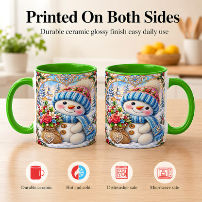 #pl[11oz|Green] Floral Snowman Coffee Mug, Winter Bouquet Snowman Mug, Ceramic Cup