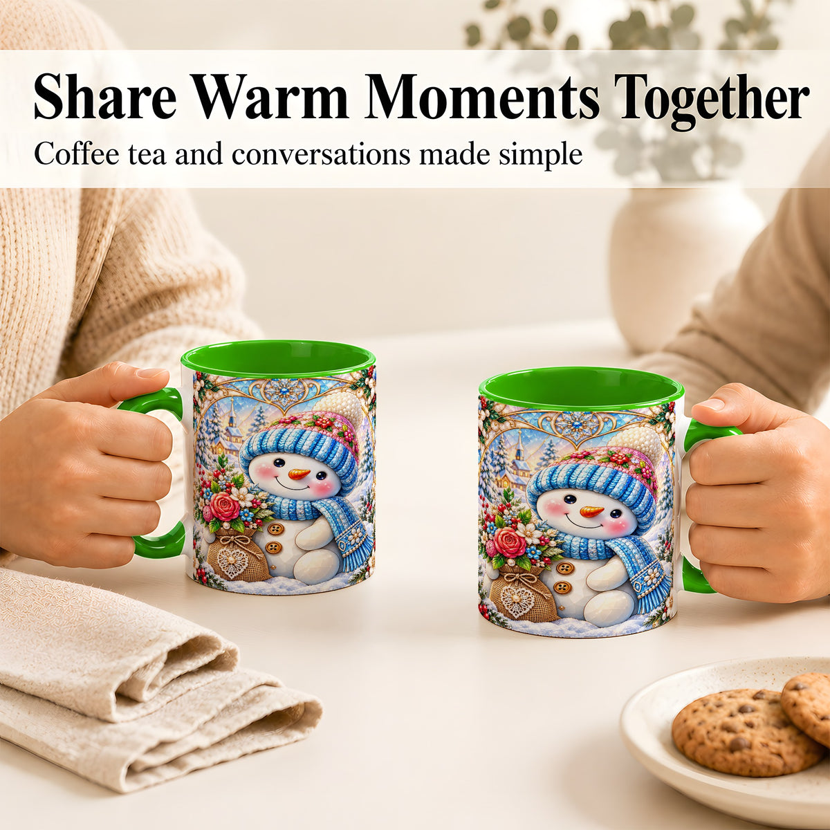 #pl[11oz|Green] Floral Snowman Coffee Mug, Winter Bouquet Snowman Mug, Ceramic Cup