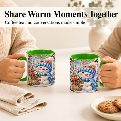 #pl[11oz|Green] Floral Snowman Coffee Mug, Winter Bouquet Snowman Mug, Ceramic Cup