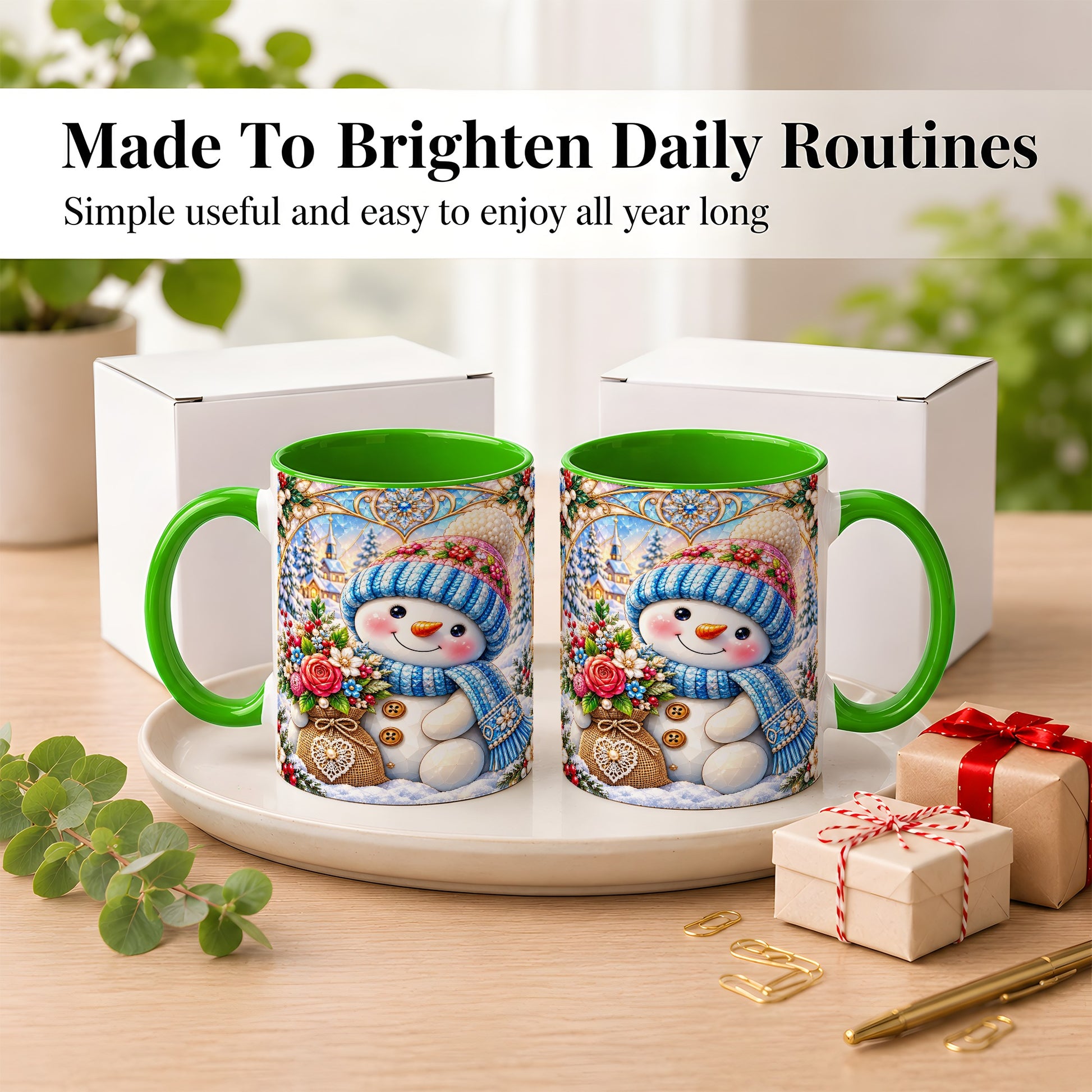 #pl[11oz|Green] Floral Snowman Coffee Mug, Winter Bouquet Snowman Mug, Ceramic Cup