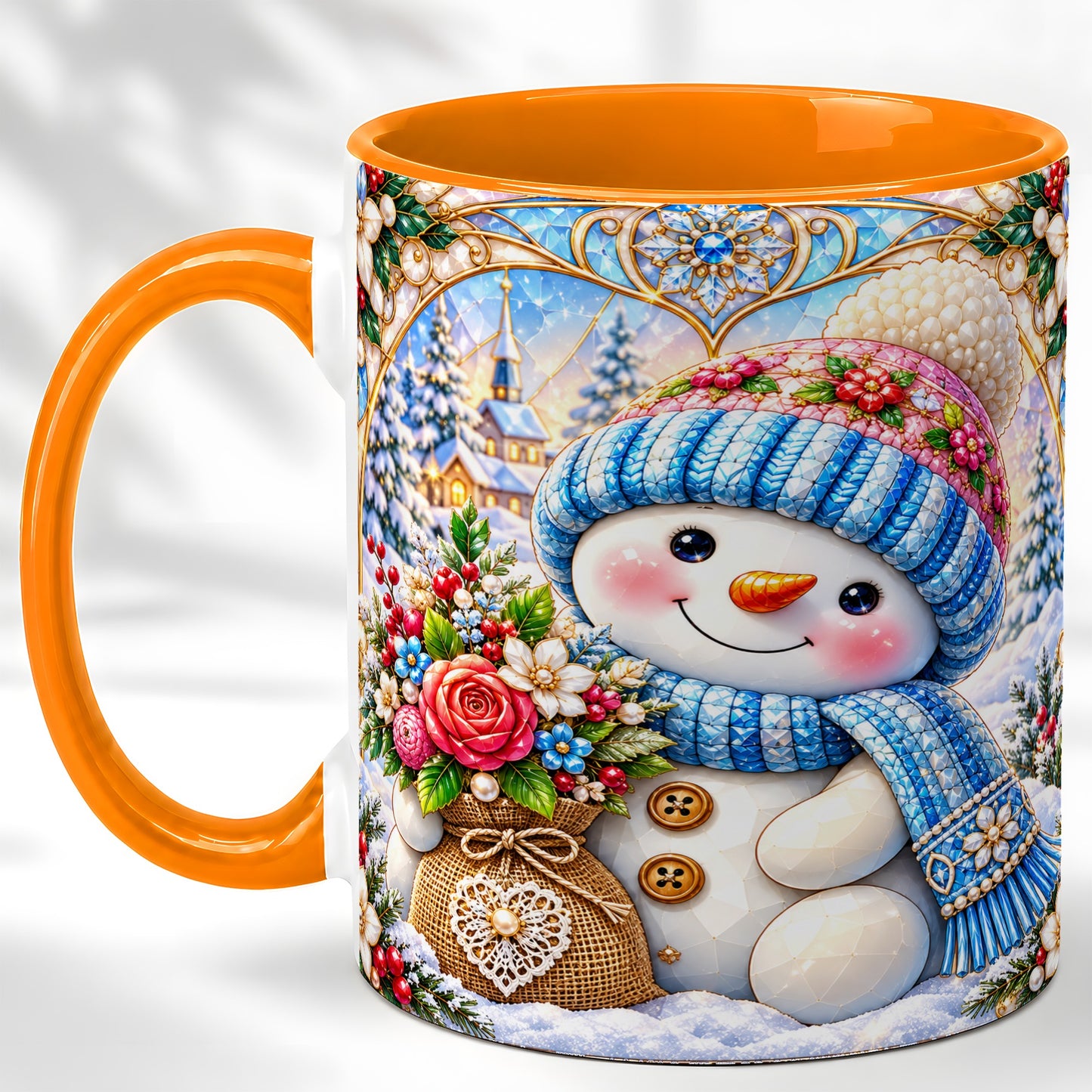 #pl[11oz|Orange] Floral Snowman Coffee Mug, Winter Bouquet Snowman Mug, Ceramic Cup