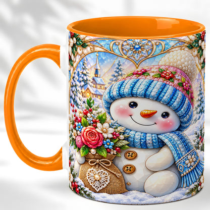 #pl[11oz|Orange] Floral Snowman Coffee Mug, Winter Bouquet Snowman Mug, Ceramic Cup