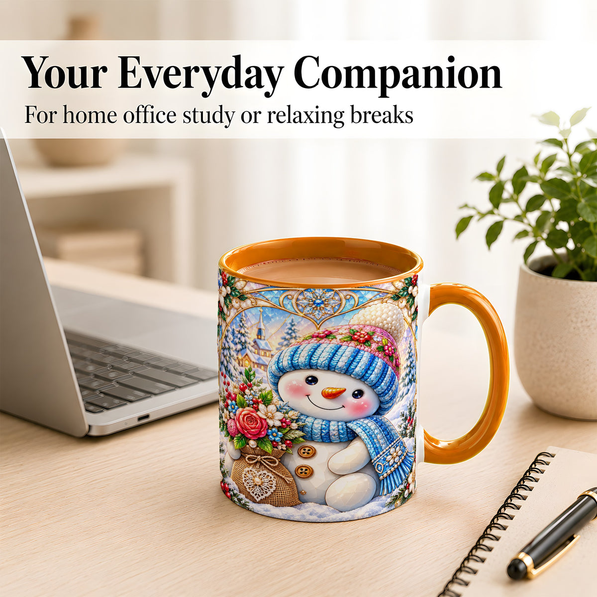 #pl[11oz|Orange] Floral Snowman Coffee Mug, Winter Bouquet Snowman Mug, Ceramic Cup
