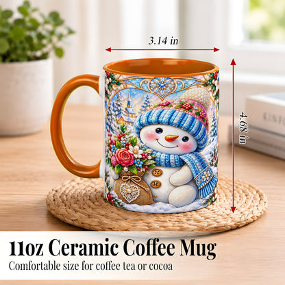#pl[11oz|Orange] Floral Snowman Coffee Mug, Winter Bouquet Snowman Mug, Ceramic Cup