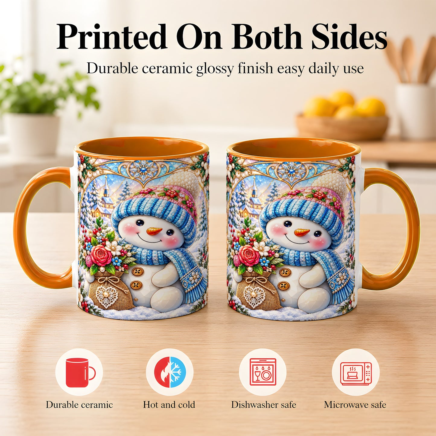 #pl[11oz|Orange] Floral Snowman Coffee Mug, Winter Bouquet Snowman Mug, Ceramic Cup