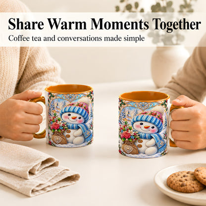 #pl[11oz|Orange] Floral Snowman Coffee Mug, Winter Bouquet Snowman Mug, Ceramic Cup