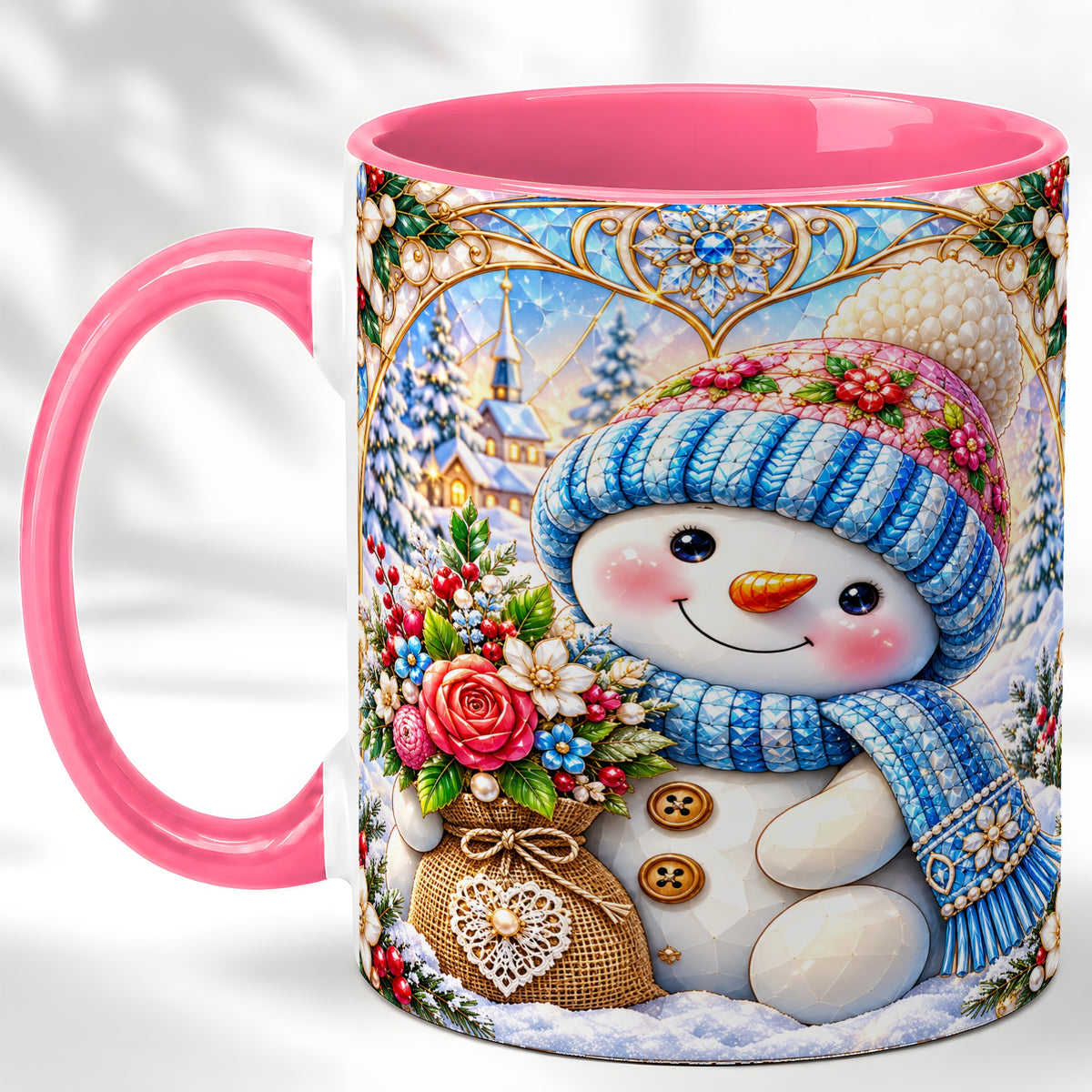 #pl[11oz|Pink] Floral Snowman Coffee Mug, Winter Bouquet Snowman Mug, Ceramic Cup