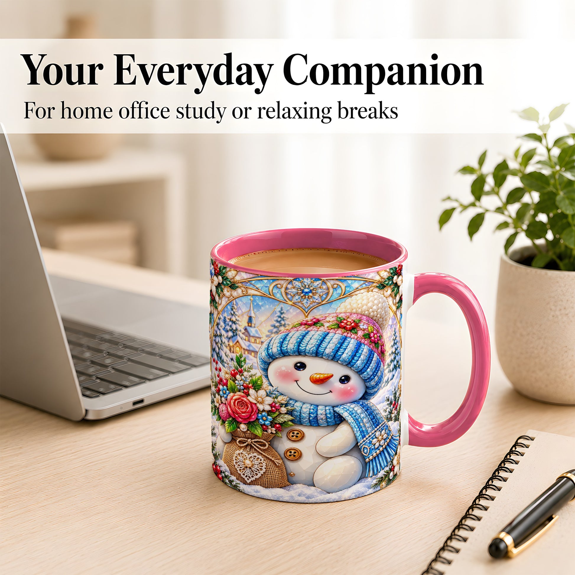 #pl[11oz|Pink] Floral Snowman Coffee Mug, Winter Bouquet Snowman Mug, Ceramic Cup