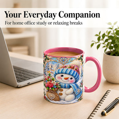 #pl[11oz|Pink] Floral Snowman Coffee Mug, Winter Bouquet Snowman Mug, Ceramic Cup