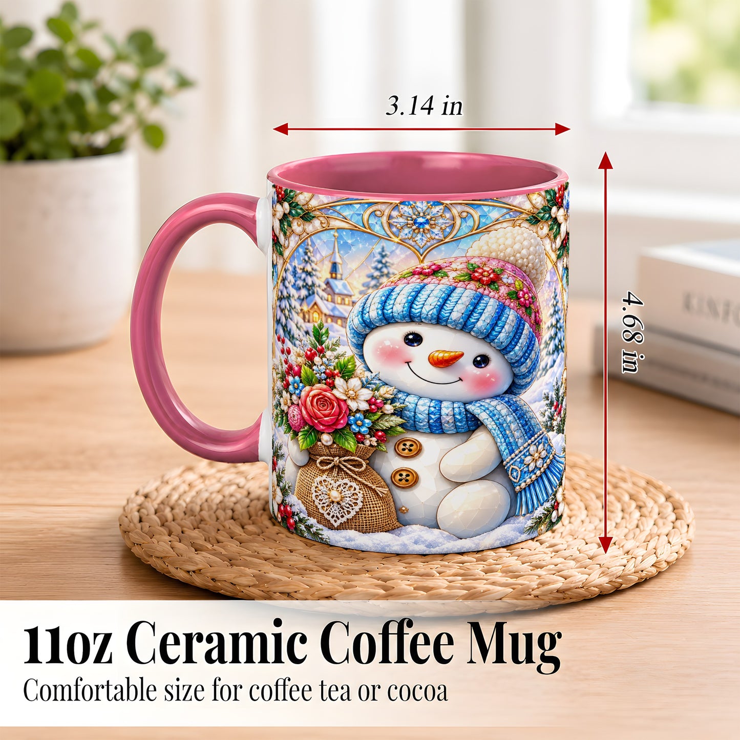 #pl[11oz|Pink] Floral Snowman Coffee Mug, Winter Bouquet Snowman Mug, Ceramic Cup