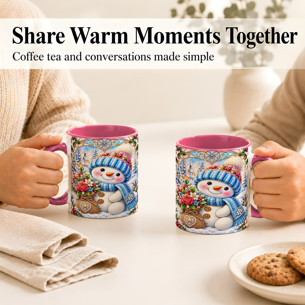 #pl[11oz|Pink] Floral Snowman Coffee Mug, Winter Bouquet Snowman Mug, Ceramic Cup